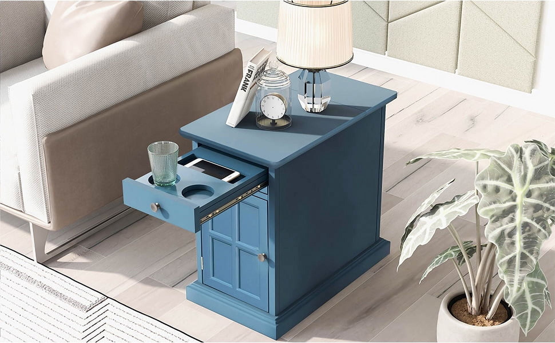Euroco Chairside End Table with Built-in Power Strip, Lift-Top Storage & Cup Holders