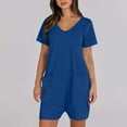 thumbnail image 6 of Summer Rompers Womens Short Sleeve V Neck Jumpsuit Shorts Loose Casual Romper with Pockets, M Blue|Short-sleeved, 6 of 8