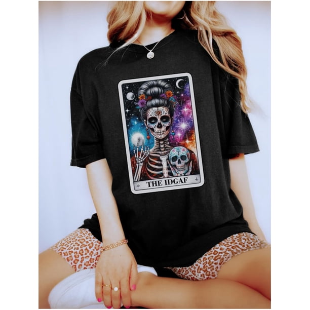 Skeleton Mom IDGAF Tarot Card Cotton T-Shirt For Men And Women Funny Gift Short Sleeve Round Neck Family Matching Tee Valentine Present