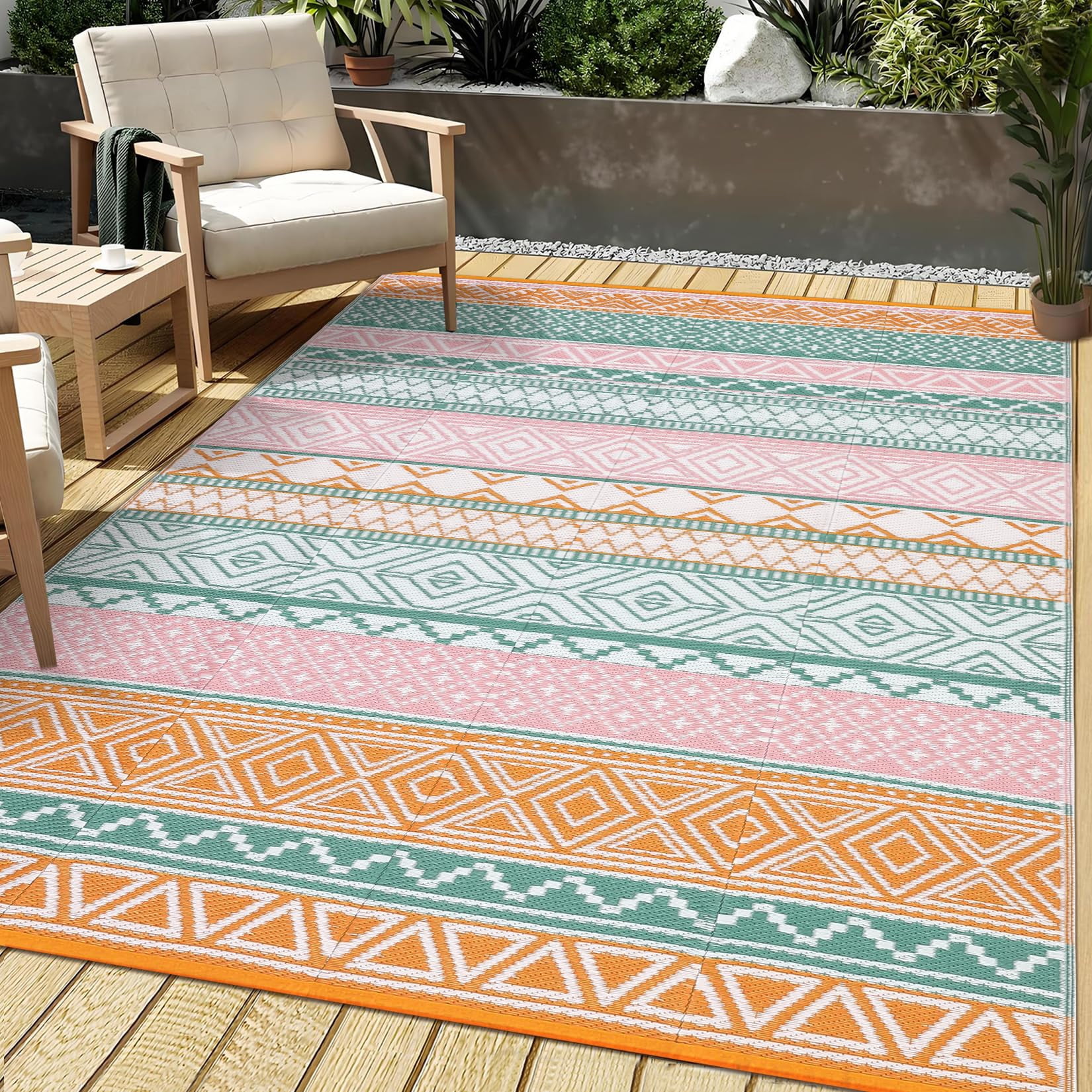 Waterproof & Reversible Outdoor Rug – Durable Patio Carpet for Camping, RV, Deck, Picnic, Porch, Backyard – Lightweight, UV & mark Resistant