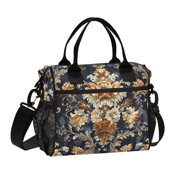 Ckdifva Floral Gold Cooler Bag Cooler Cooling Tote Lunch Bag Lunch Box Front Pocket with Shoulder Strap