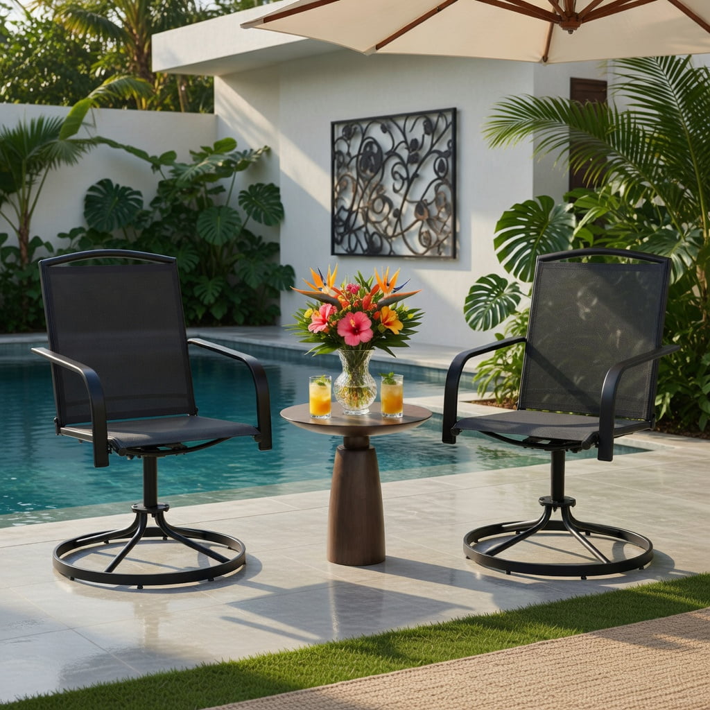 Hommoo 2-Piece Outdoor Swivel Chairs Set, High-Back, Breathable Mesh Seat, 360° Rotating & Gentle Rocking, Powder-Coated Metal Frame, Black