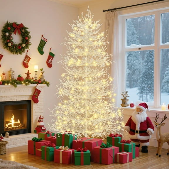 Kosynda 6FT Pre-lit Artificial Christmas Tree with 623 Tips, Hinged Aspen Fir Xmas Tree with 420 Warm White LED Lights for Home Party Holiday Décor, White