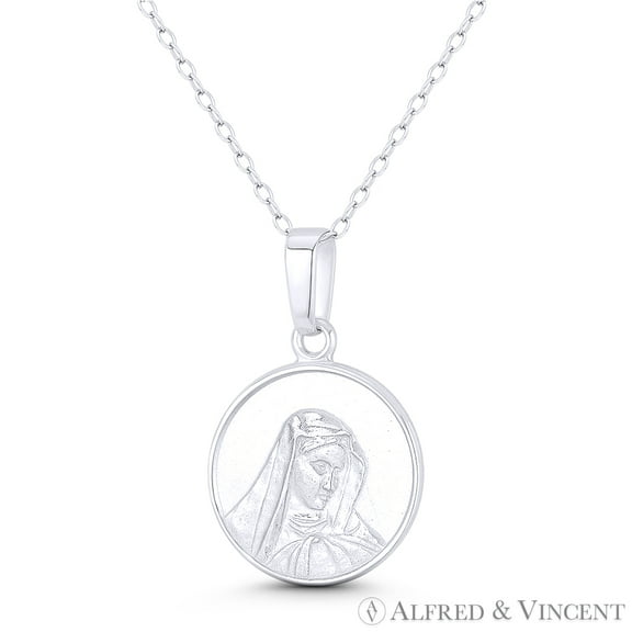 Holy Mother Virgin Mary 27x16mm Button Pendant & Chain Necklace in .925 Sterling Silver