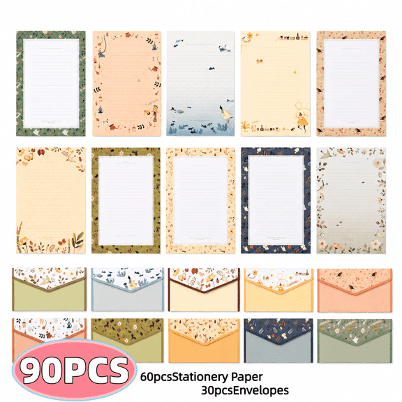 Paper Stationery Set, Writing Stationary Set, Cute Stationary Letter Paper ,10 Different Style Writing Stationery Paper Letter Set (60 Paper 30 Envelopes)