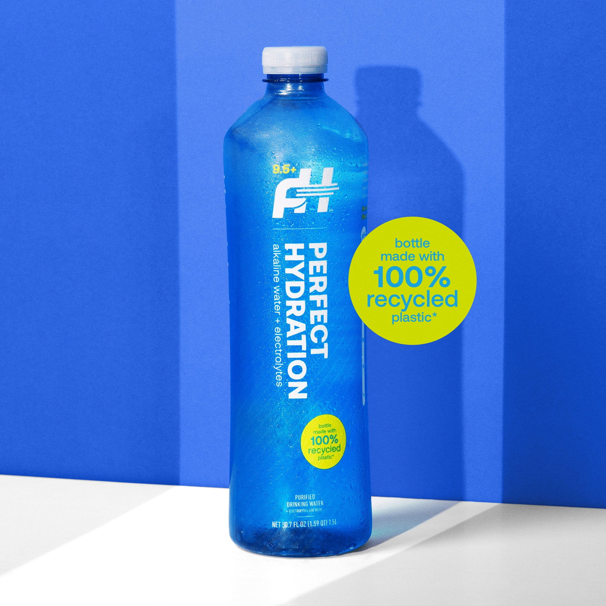 Perfect Hydration 9.5 pH Alkaline Water, Electrolytes for Taste, Bottles Made with 100% Recycled Plastic, 1.5-Liter, Case of 12 Bottles, 2 Cases
