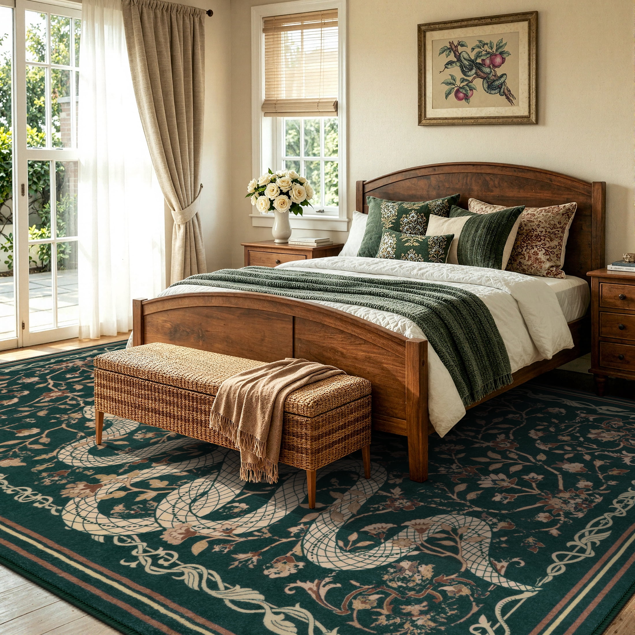 Moynesa Vintage Snake 8'x10' Large Area Rug for Living Room, Washable Green Floral Rug Cottage Botanical Accent Carpet for Bedroom Dining Room Sunroom Non Slip Stain Resistant Low Pile