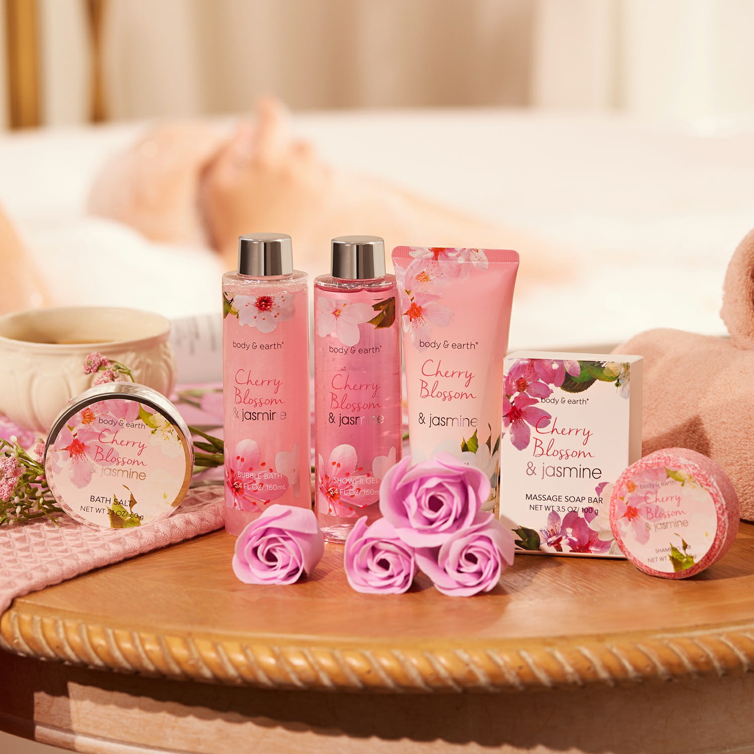 Bath Gift Sets for Women, 8 Pcs Cherry Blossom & Jasmine Spa Baskets, Beauty Body Holiday Birthday Mothers Day Gifts for Mom