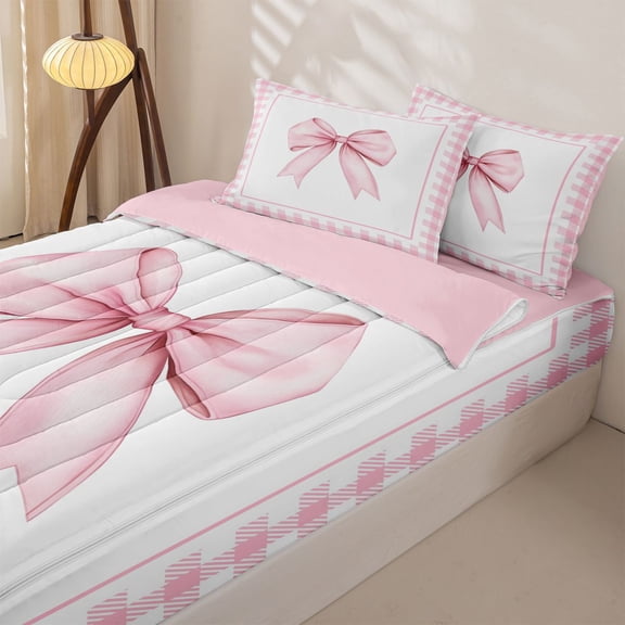 Homewish Watercolor Bow Zipper Twin Comforter Sets with Fitted Sheet and 2 Pillowcases for Girls, Pink Plaid Buffalo Zipper Bedding Set for Women, Pink Reversible, 4 Pieces