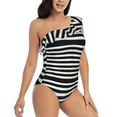 thumbnail image 3 of Sikiie Black And White Stripes Print Women One Piece Swimsuits Tummy Control One Shoulder Bathing Suits Ruffle Swimwear, From S to XXL-XX-Large, 3 of 6