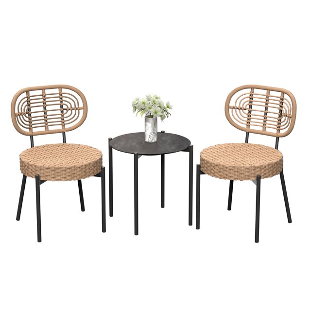 Garvee 3 Piece Patio Bistro Set, Wicker Rattan Chairs with Table, Black & Brown
