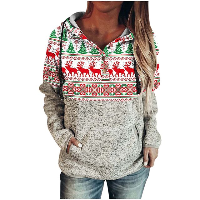 Sudadera con capucha para mujer con estampado de manga larga informal suelta para Navidad Fridja fksj3700