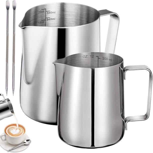 Jarra de leche de acero inoxidable de 2 piezas para café Barista Jarra de acero inoxidable de 350 ml y 600 ml con 2 marcas de medida y bolígrafo para arte con leche para hacer capuchino y espresso