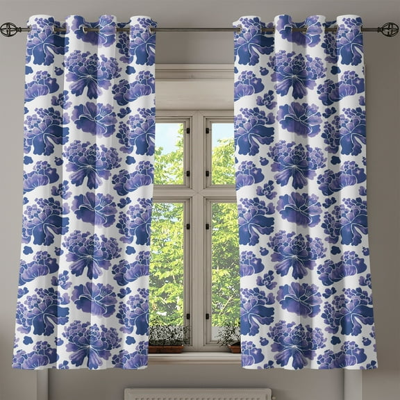 Ambesonne Floral Grommet Curtain, Watercolor Chinese Art, 50" x 63", Violet Blue Lavender