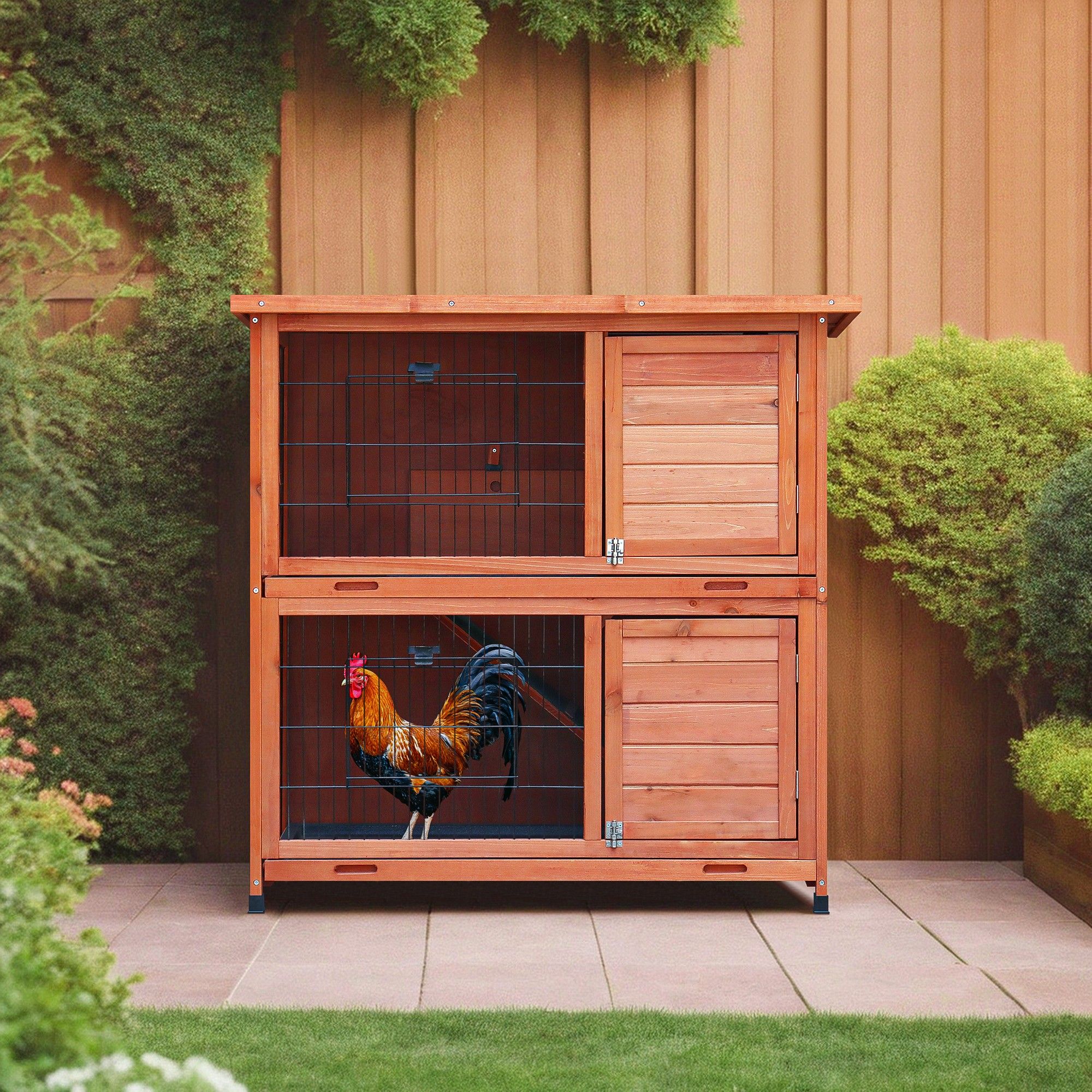 Pefilos 2-Tier Rabbit Hutch Bunny Cage with Wheels, Indoor Outdoor Guinea Pig Cage, Orange