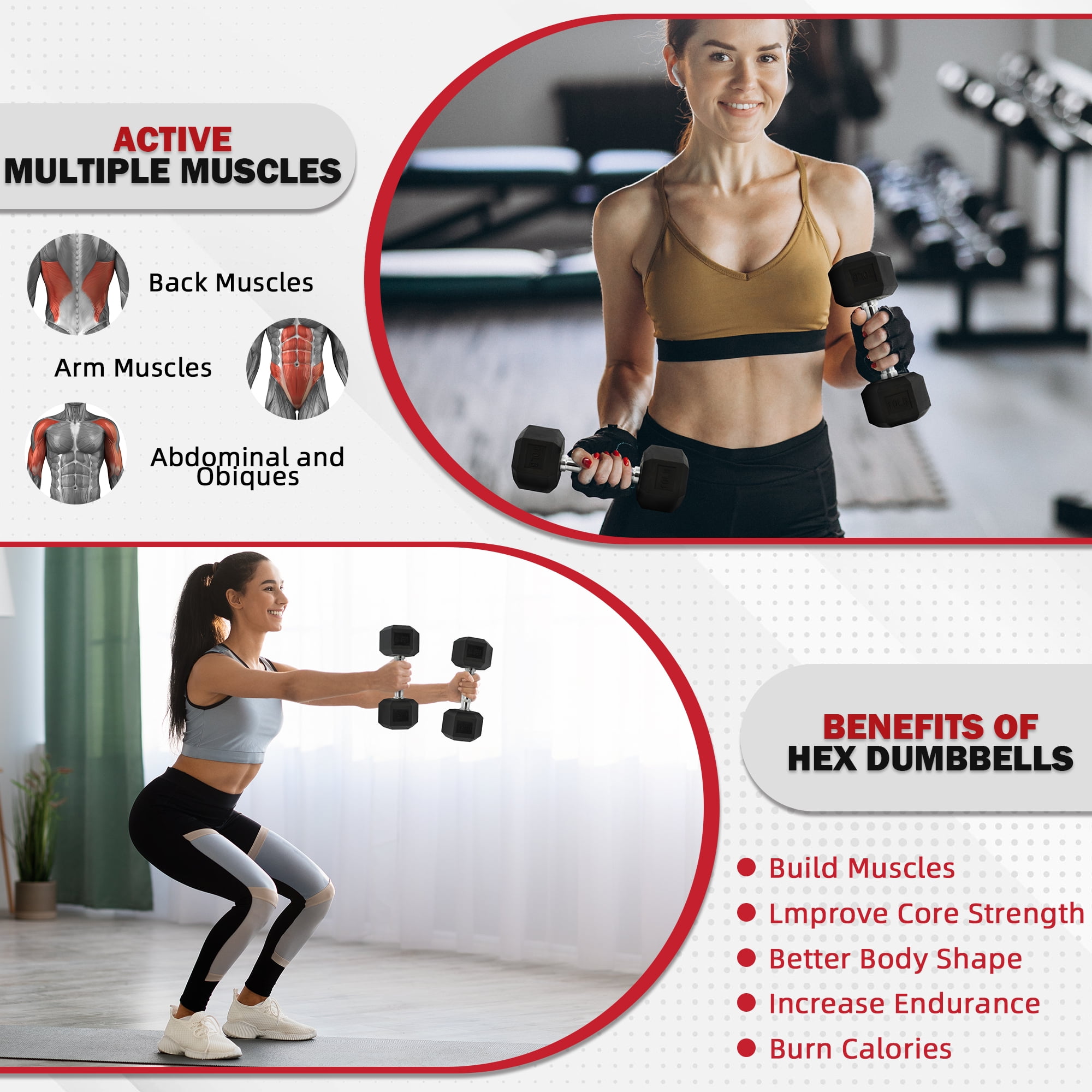 FlexWave Hex Rubber Dumbbells 2-Pack Set (5-20 lb Combo) – Cast Iron Core, Anti-Roll Hex Head, Non-Slip Grip, Home/Gym Full-Body Training