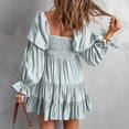 thumbnail image 4 of Vestido de una línea con hombros descubiertos, cuello en V, manga larga, cintura, vestido estampado plisado adelgazante para mujer, azul claro M, 4 of 6