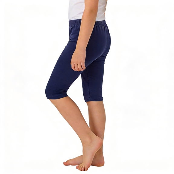 dazeni Girls' Capri Leggings Cotton Knee Length Shorts Elastic Waisted Cropped Legging for Dance School or Sports Navy 130