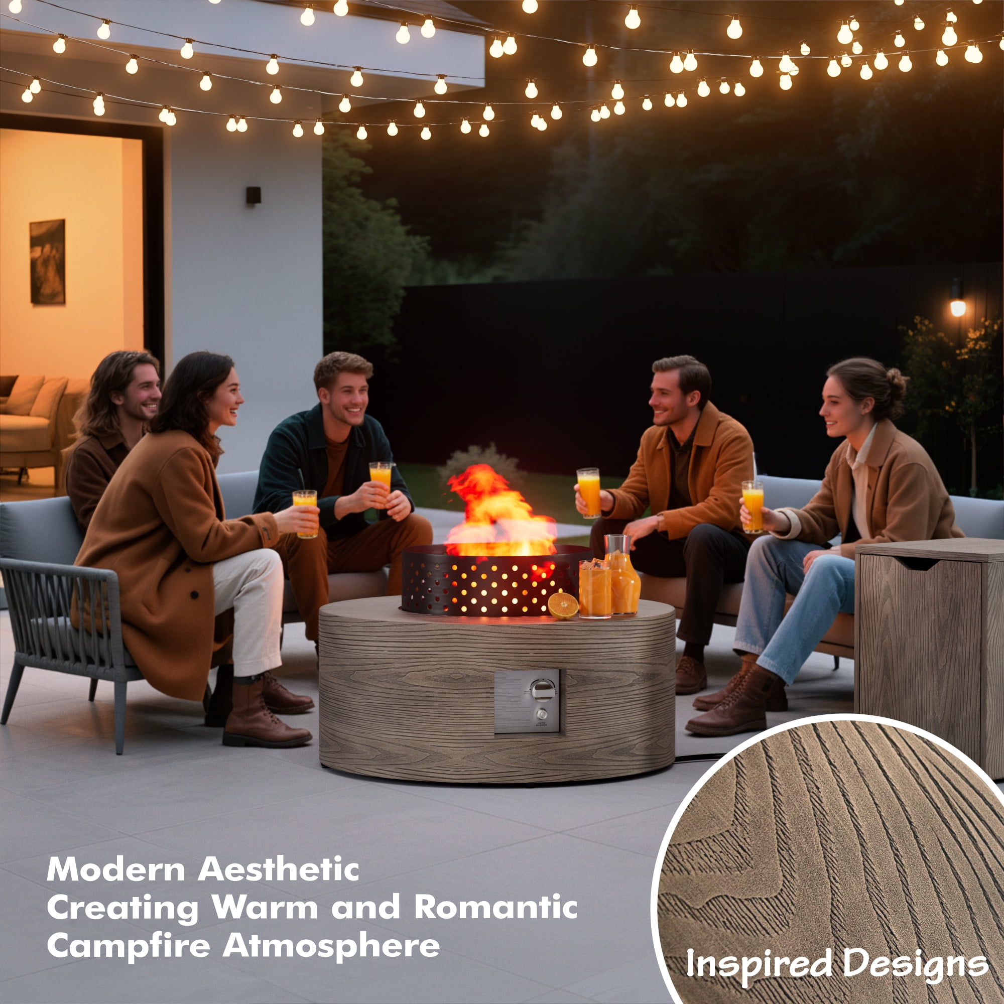 30 in. Round Coating Steel Propane Firepit Table, 50,000 BTU Outdoor Fire Pit Table in Dark brown Wood Grain
