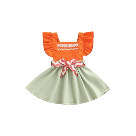 

Eyicmarn Toddler Girls Summer Dress Dots Patchwork Square-Neck Flying Sleeve One-Piece with Belt for Kids 1-6 Years Orange