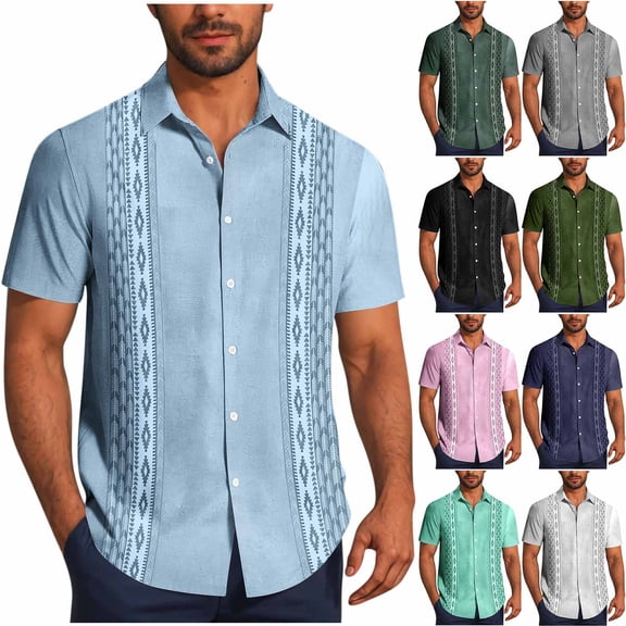 Men Hawaiian Shirt Vintage Striped Shirt Short Sleeve Summer Beach Causal Printed Shirt Big and Tall Size S-4XL White