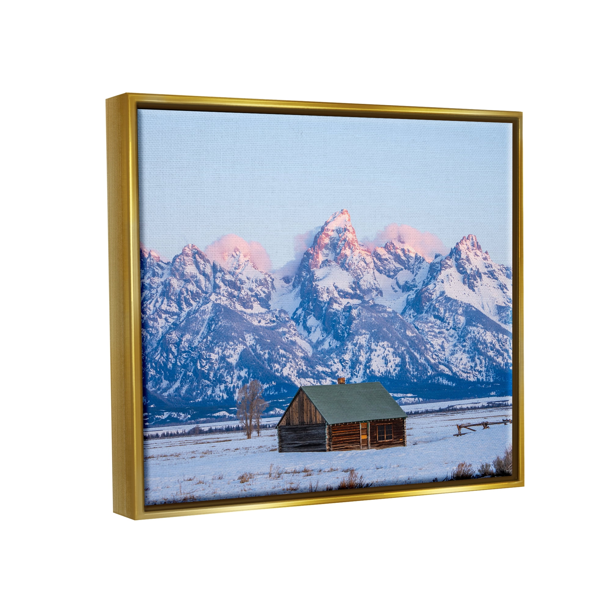 Stupell Industries Winter Snowy Peaks & Cabin Landscape Photography Gold Floater Framed Canvas Art Print Wall Art, 31 x 25