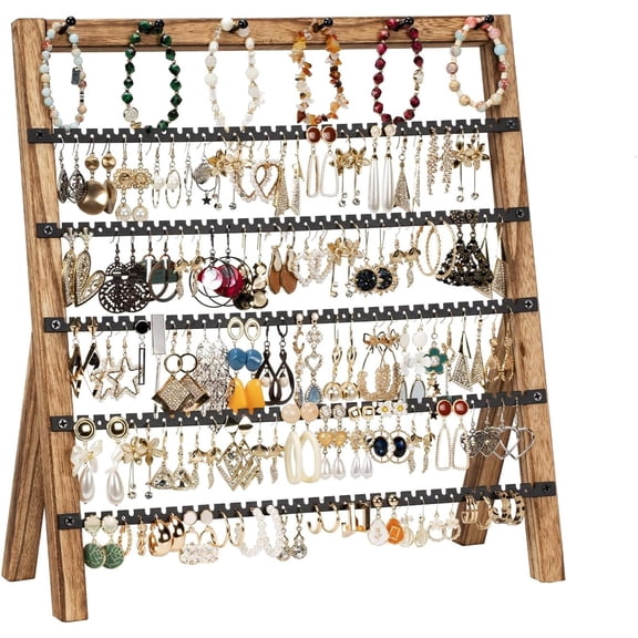6-Tier Earring Holder Organizer, 285 Holes & 6 Bracelet Rods, Space-Saving Earring Display Stand for Jewelry Storage,Rustic