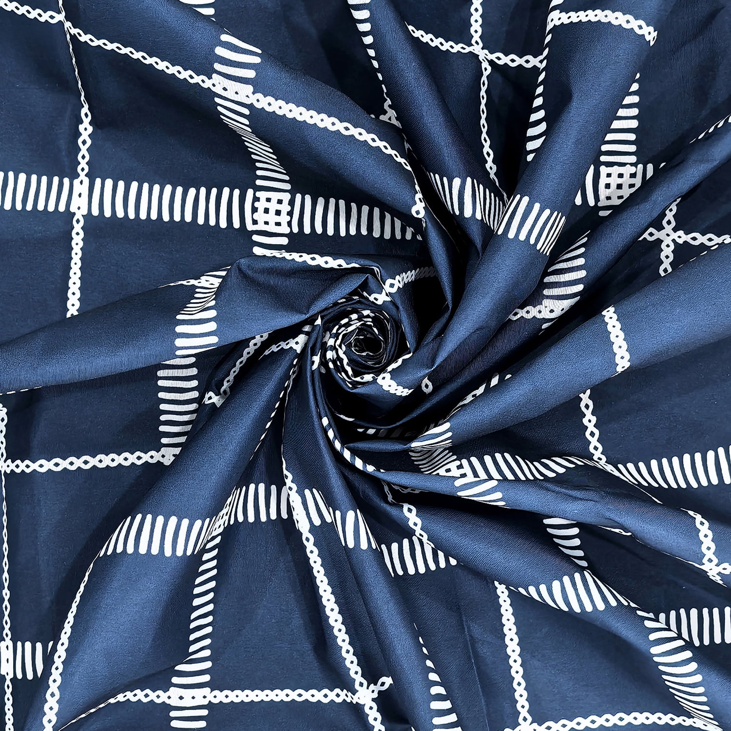 Mainstays 16-Piece Navy Blue Check Shower Curtain Bathroom Set – Fabric Curtain with Rug, Hooks, Soap Dispenser & Tray