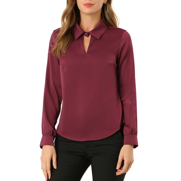 INSPIRE CHIC Women's Satin Top Long Sleeves Elegant V Neck Collar Work Office Blouse XS Burgundy