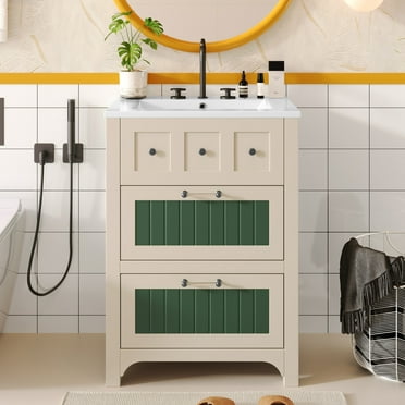 24 Inch Bathroom Vanity with Sink, Bathroom Vanity Cabinet with 2 Drawers, Wooden Bathroom Sink Cabinet with Metal Handles, Freestanding Bathroom Vanities, Beige   Green