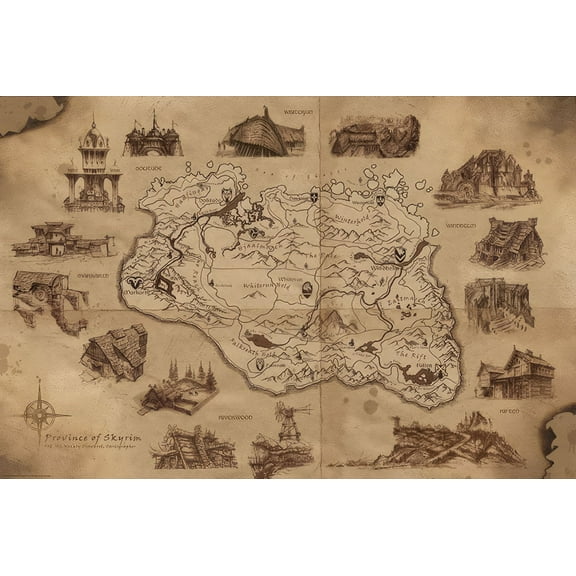 Skyrim - Gaming Poster (Illustrated Map - Province Of Skyrim) (Size: 36" x 24")