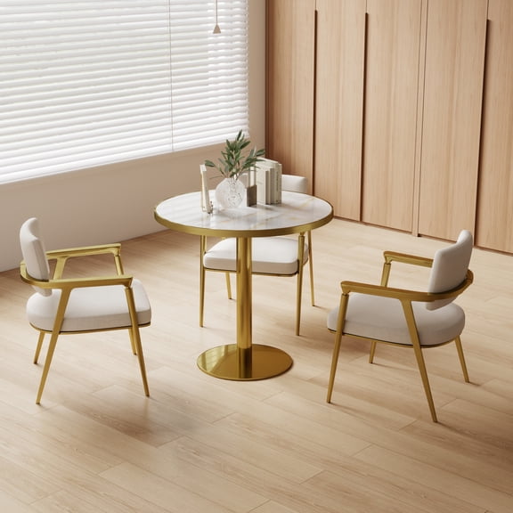 Lisonu 31.5" Modern Round Dining Table, Faux Marble Sintered Stone Top with Gold Stainless Steel Legs, Luxury Bistro Table for Kitchen Breakfast Nook, Glossy Finish