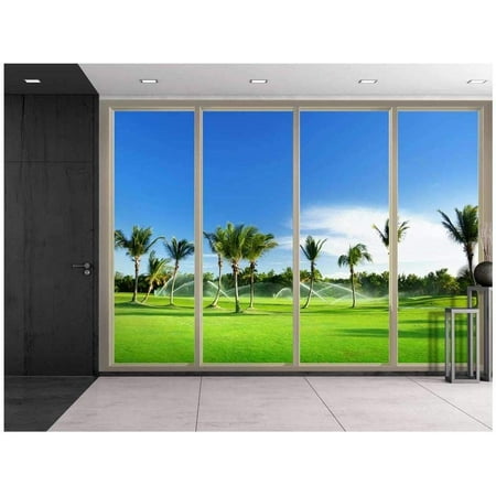 Wall26 - Large Wall Tropical Scenery with Palm Trees Seen Through Sliding Glass Doors 3D Visual Effect Vinyl Wallpaper Removable Decorating - Canvas Art Wall Decor -