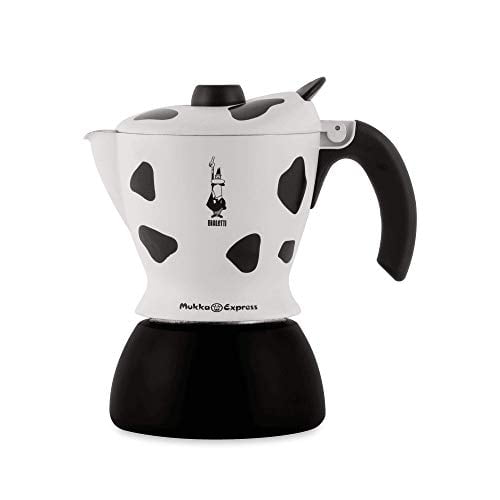 Bialetti Mukka Express 2-Cup Cow-Print Stovetop Cappuccino Maker, Black and White