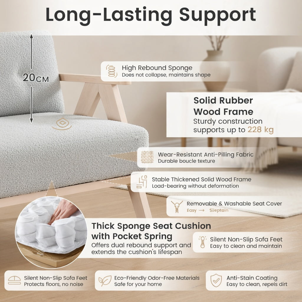 Hommoo Compact Loveseat Sofa, Chenille Fabric Rubber Wood Frame, Pocket Spring Cushion, 43" W, 500 lb Capacity, Gray