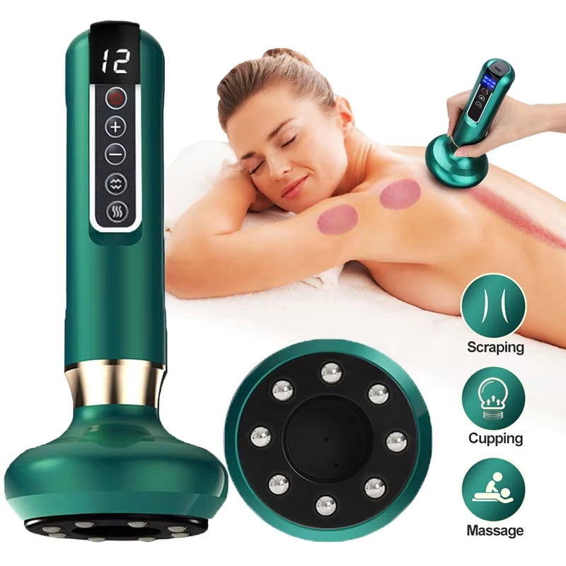 Electric Heated Cupping Massager – Cordless Gua Sha Device with Warm Stone & Red Light, 12 Suction Levels, Quick Release, Steel Ball Head, USB Rechargeable, Grey, A-15