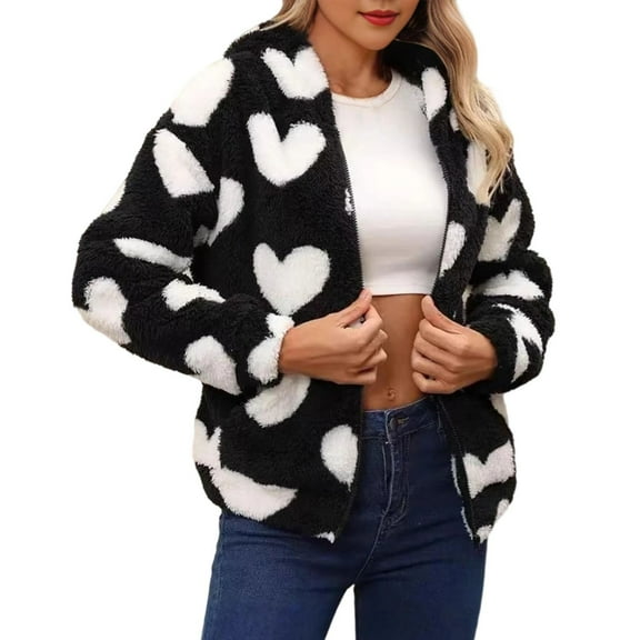 CHUMUD Women's Elegant Full Zip Fleece Jacket Heart Print Fuzzy Hooded Coat Winter Warm Outwear with Pockets