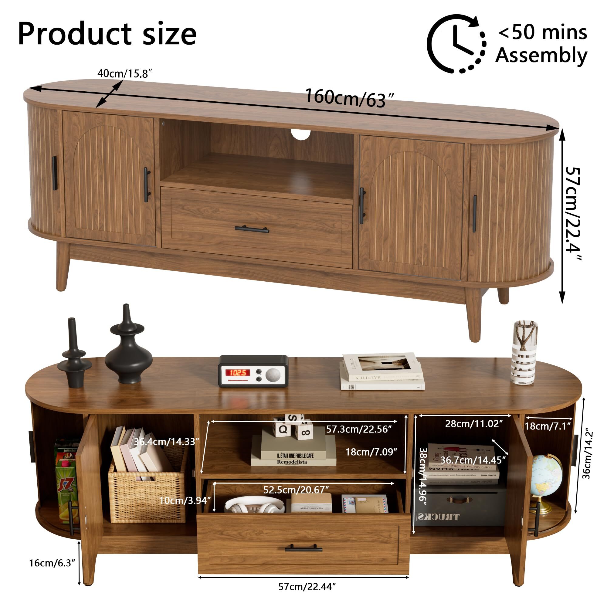 63" Fluted TV Stand for 70" TVs, Mid-Century Entertainment Center with Drawers & Sliding Doors, Curved Media Console
