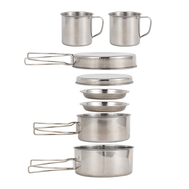 yeacher Ensemble de Cuisine d'Extérieur en Acier Inoxydable avec 8 Pcs - Comprend Casseroles, Poêle à Frire, Tasses et Assiettes pour Camping et Randonnée