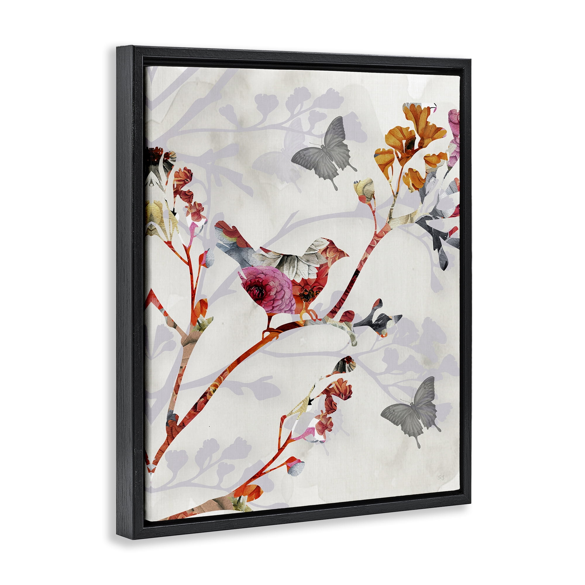 Stupell Industries Birds & Butterflies Nature Landscape Painting Black Floater Framed Canvas Art Print Wall Art, 25 x 31