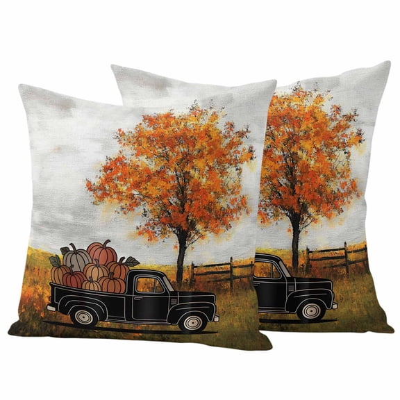 Thanksgiving Pumpkins Outdoor Waterproof Pillow Covers, Fall Cart Yellow Tree Country Rustic Decorative Square Throw Pillowcase Sofa Cushion Sham for Patio/Couch/Chair, 16"x16" 2 Pack