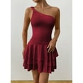 thumbnail image 6 of Women'S One Shoulder Smocked Shirred Tiered Ruffle Sleeveless A-Line Mini Dress Wine Red XS, 6 of 8