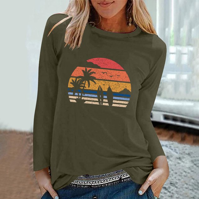 EQWLJWE Chandails à Manches Longues pour Femmes Entraînement Mode T-Shirts de Printemps Imprimés à Manches Longues Col Rond Décontractés Hauts T-Shirts Vêtements d'Automne pour Femmes