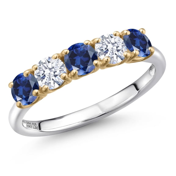 Gem Stone King 925 Silver and 10K Yellow Gold Blue Created Sapphire and White Zirconia Wedding-Bands Ring for Women | 1.25 Cttw | Round 4MM | Gemstone September Birthstone | Size 7
