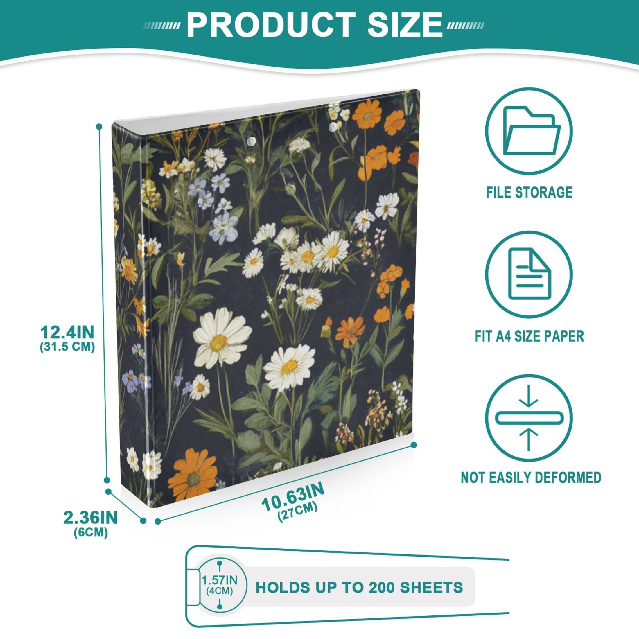 Wildflowers 3 Ring Binders 1.5 inch Hardcover File Folders with Interior Pockets A4 Size Organizer for School Office Hospital