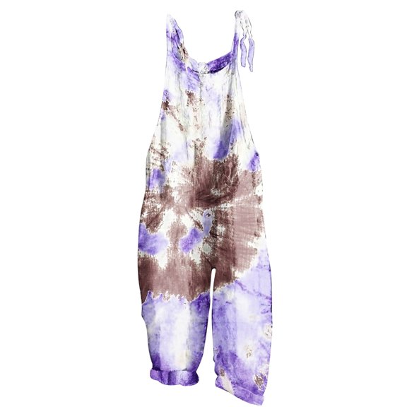 QATAINLAV Womens Rompers for Summer Jumpsuits Loose Casual Wide Leg Overalls Linen Tie Dye Print Jumpers Spaghetti Strap Pockets One Piece Pants, Purple, XL