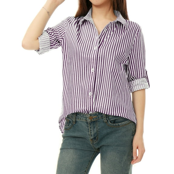 Allegra K Women's Button Down Roll-up Long Sleeves Lapel Collar Shirt