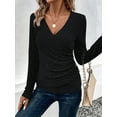 thumbnail image 4 of Womens Long Sleeve Shirts V Neck Ribbed Knit Slim Fit Button Light-Weight Sweater Fall Casual Work Tops Black L, 4 of 9