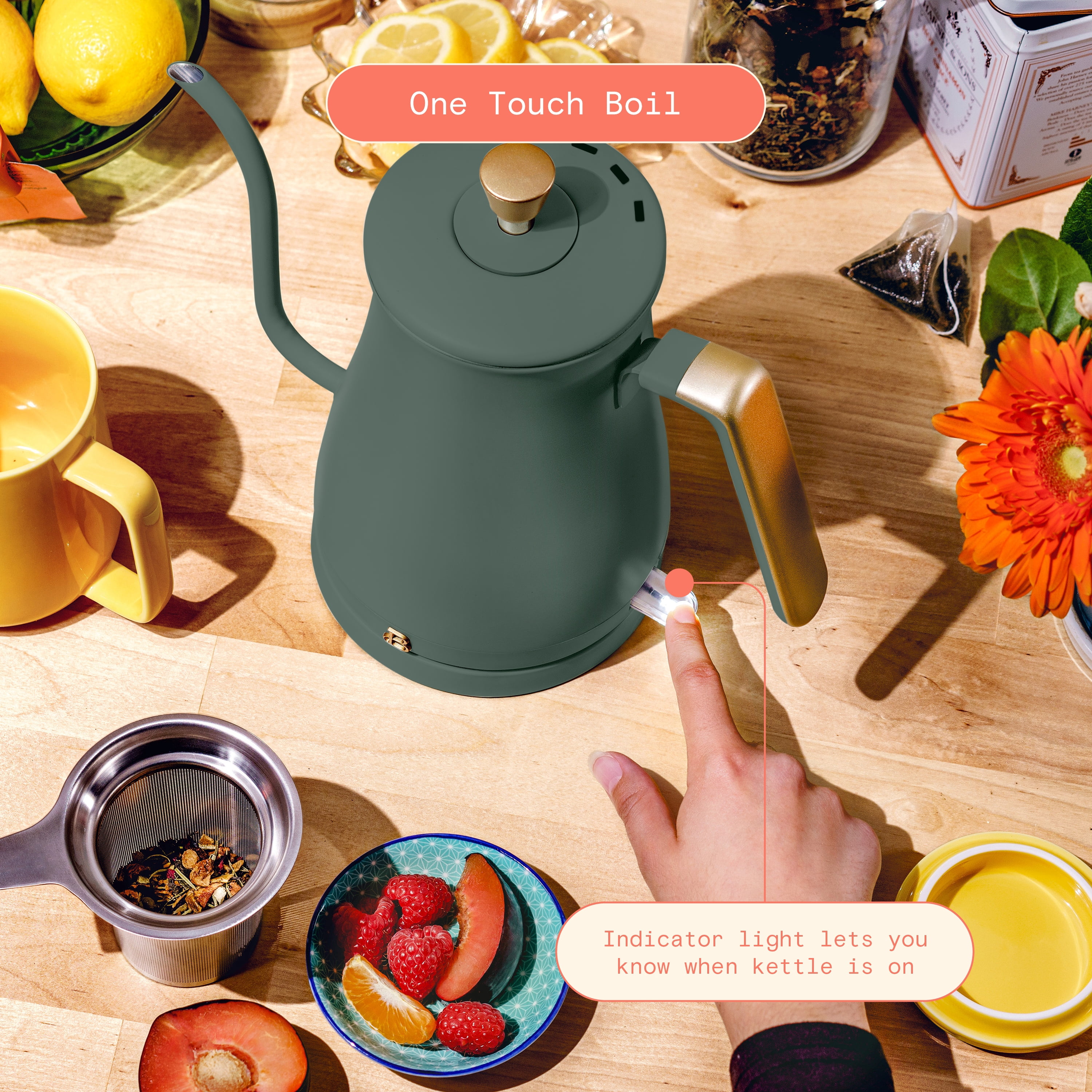 Beautiful 1-Liter Electric Gooseneck Kettle 1200 W, Thyme Green by Drew Barrymore