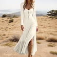 thumbnail image 2 of DHFJKG Boho Dresses For Women Button Front Puff Long Sleeve Smocked Waist Flowy Maxi Dress Retro Vacation Clothes Versatile Dresses, 2 of 5